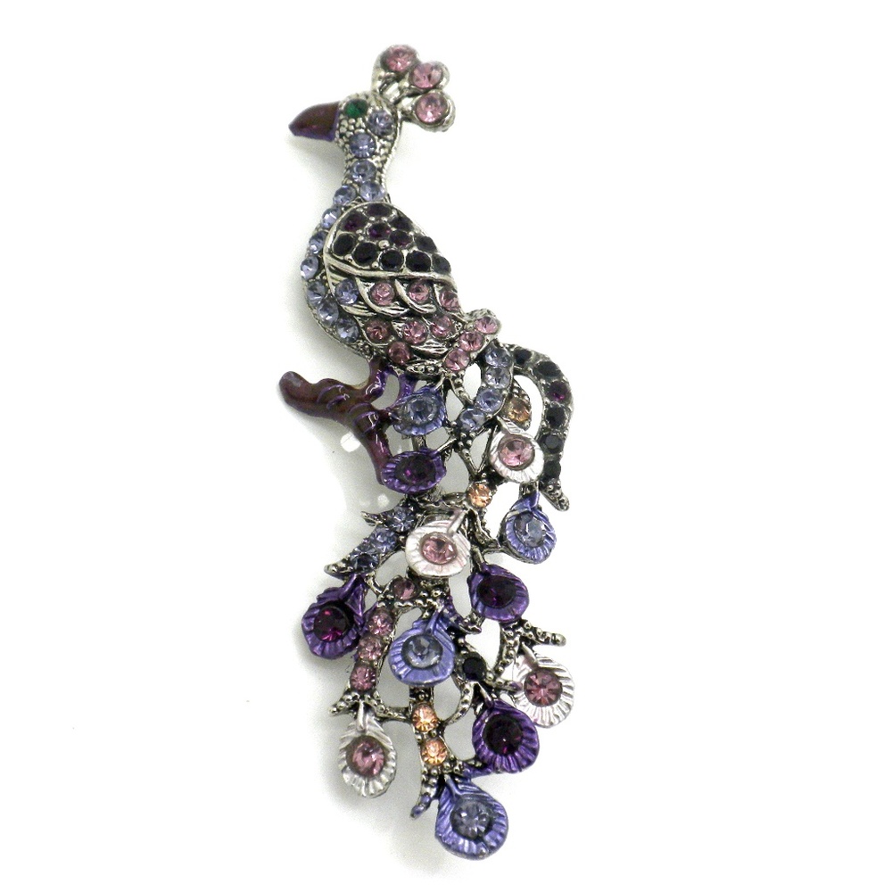 Peacock Brooch Crystal Pin Silver Plated